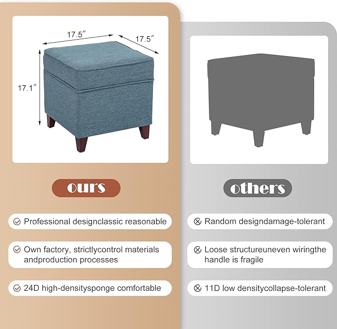 Adeco 17" Square Ottoman with Storage, Small Blue Storage Ottoman Foot Rest with Hinged Lid & Solid Wood Legs, Linen Fabric Foot Stool for Living Room & Bedroom-Ruum Studio Home