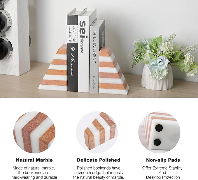 Marble Book Ends, Non-Skid Bookends for Shelves, Composite Bookend with Natural Stone, Heavy Duty Book Stopper, Collected CDs and Oversized Books Organizer, White & Red Decorative Bookends-Ruum Studio Home