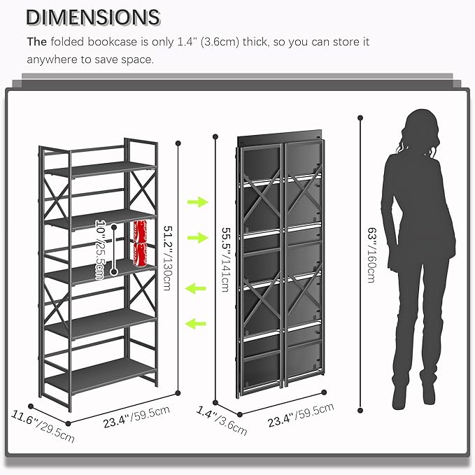 4NM 5 Tiers No Assembly Book Shelves, 51.2" H Folding Bookshelf Bookcase Open Industrial Foldable Shelves for Bedroom, Living Room, Home Office - All Black-Ruum Studio Home