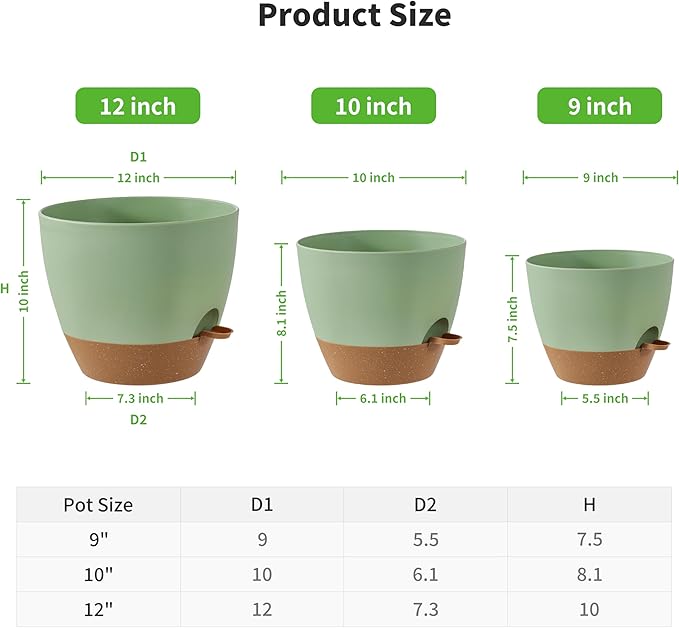 FaithLand 3-Pack Large Planter Pots, 12 10 9 Inch Self Watering Flower Pots for Indoor Outdoor Garden Plants, Green with Brown-Ruum Studio Home