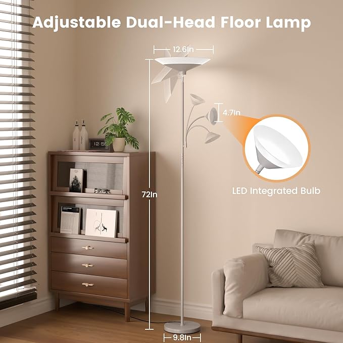 Sliver Gray Torchiere Floor Lamp with Reading Light, 4 Color Temperatures, Dimmable & Individual Light Control Standing Lamp, 34W Bright Tall Lamp with Remote for Living Room Bedroom Office-Ruum Studio Home