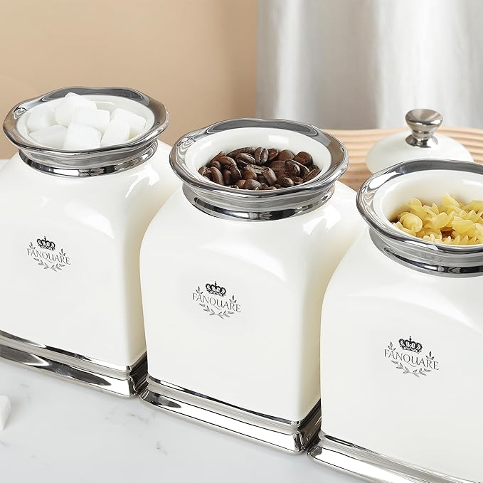 fanquare 30 OZ Cookie Jar, White Kitchen Canisters Set of 3, Farmhouse Porcelain Decorative Jars for Countertop, Ceramic Storage Jar for Coffee, Sugar, Tea Bag-Ruum Studio Home