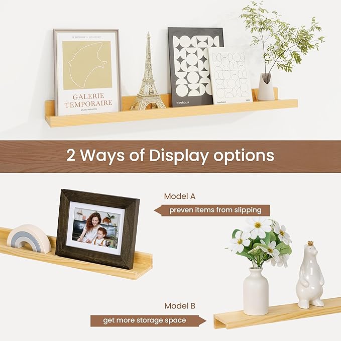Picture Ledge Shelf, Solid Pine Wood Floating Shelves Set of 2, 24 Inches Nursery Book Shelves for Toys Storage, Kids Bookshelf Wall Mounted for Living Room Bedroom Decor Books Photo Frames, Natural-Ruum Studio Home