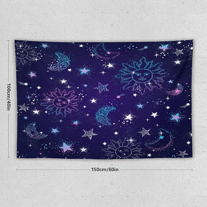 HZOHNAGO Boho Sun Moon Tapestry Purple Blue Sun Stars Galaxy Pattern Printed Wall Tapestry Wall Hanging for Bedroom Living Room Dorm 60" W x 40" H-Ruum Studio Home