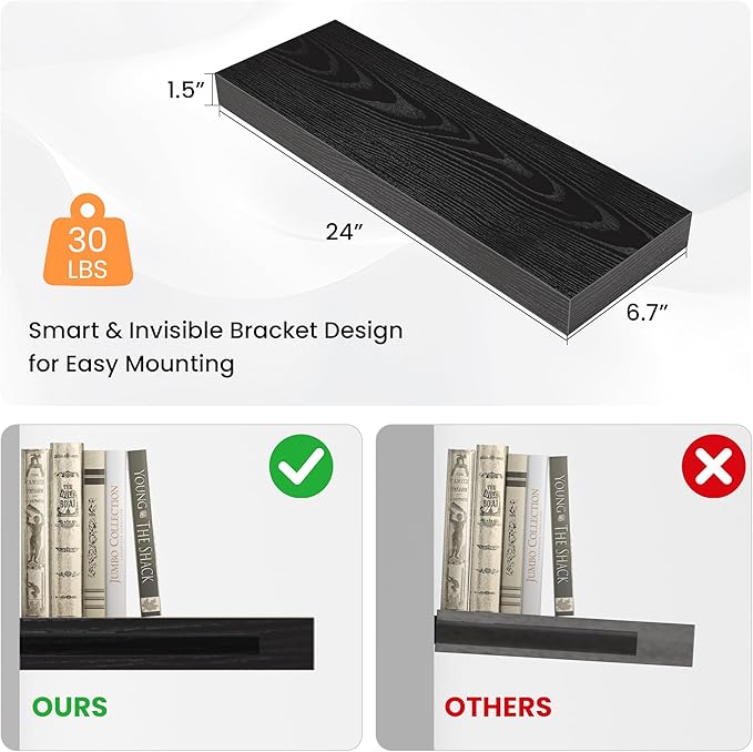 Floating Shelves for Wall, 24" W x 6.7" D x 1.5" H, Wooden Wall Mounted Display Shelves with Invisible Brackets for Living Room, Bedroom, Bathroom, Kitchen Decor and Storage, Set of 2, Black-Ruum Studio Home