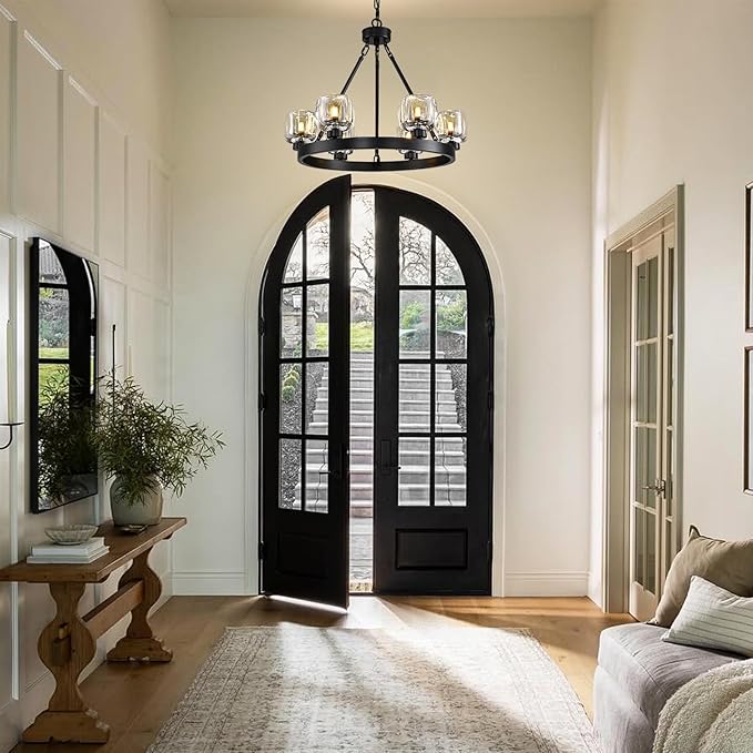 Black Wagon Wheel Chandelier, 24 Inch Black Chandeliers with Unique Glass Shade, 6-Light Crystal Farmhouse Wagon Wheel Chandeliers for Dining Room, Round Chandelier for Living Room, Foyer, Entryway-Ruum Studio Home