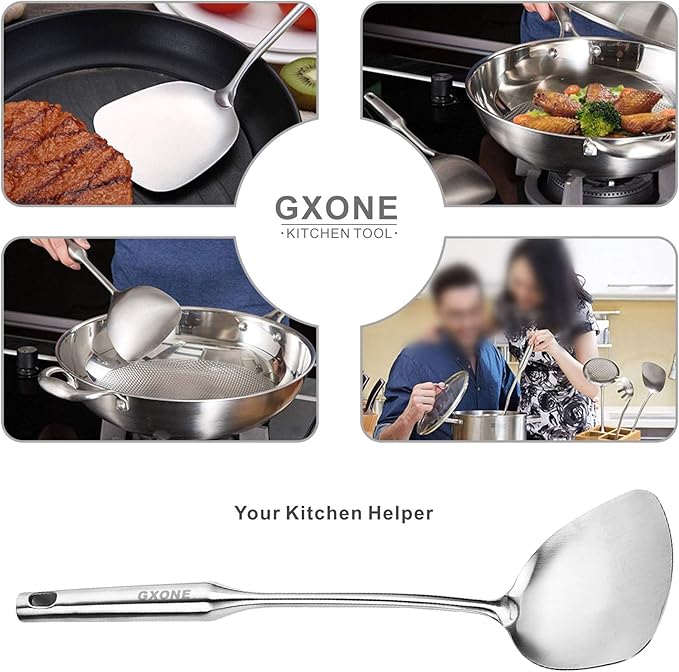 Wok Spatula Stainless Steel, Wide Metal Spatula with Hollow Long Handle Wok Utensils,Silver/14.7Inch-Ruum Studio Home