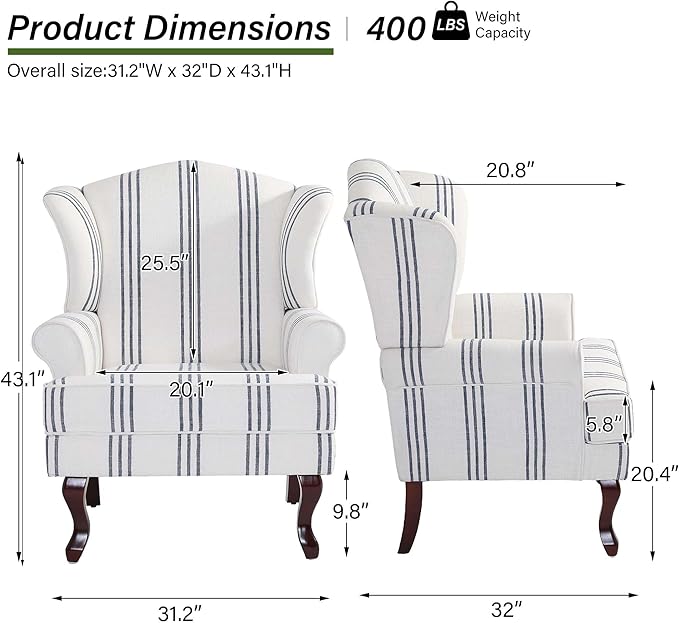 Accent Chair, High Back Upholstered Armchair with High Resilience Sponge & Wood Legs, Mid-Century Modern Comfy Single Sofa Reading Chairs for Living Room, Bedroom (Stripe Navy, Set of 1)-Ruum Studio Home