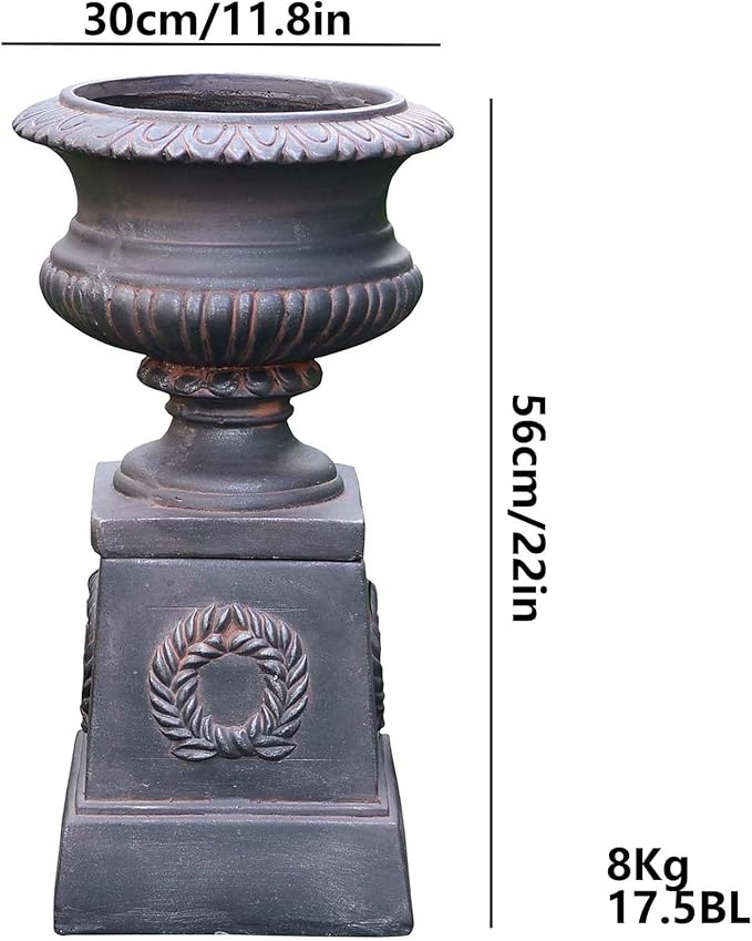 VISIBLE Classic Garden Urn Planter with Pedestal, Black Antique Finish, Cement Fiber Material, Decorative Leaf Pattern, 22 Inch Height, Indoor Outdoor Use, Delivered from Local Warehouse (Black)-Ruum Studio Home