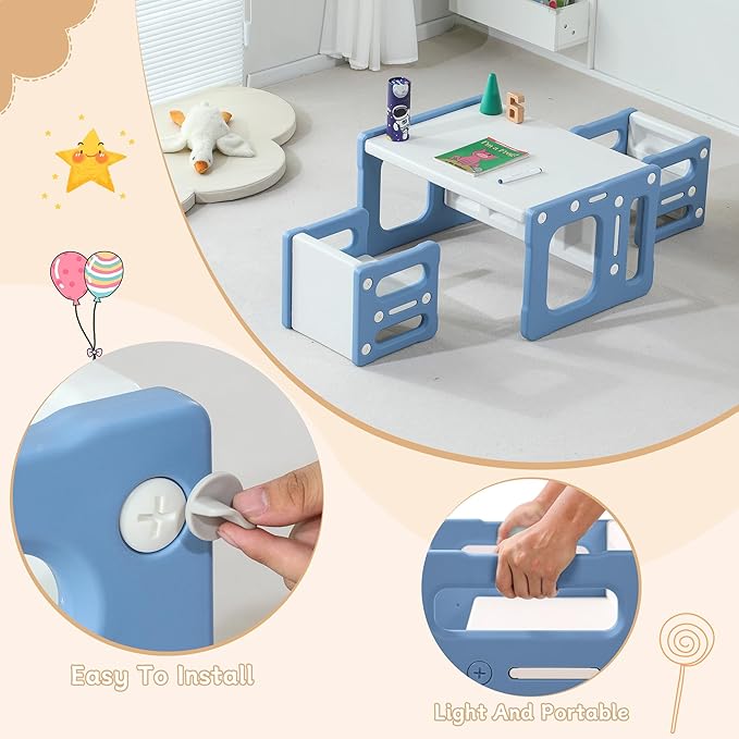 3 in 1 Montessori Weaning Table and 2 Chairs Set, Kids Activity Table Set, 2 Height Levels, Toddlers Activity Table for Drawing, Dining, Reading and Playing, Blue-Ruum Studio Home