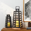 Glitzhome Set of 2 Modern Trapezoid Metal/Wood Decorative Lanterns,Large Candle Lanterns for Living Room,Home,Indoor, Outdoor,Table,Fireplace Mantle Decor -Black(No Glass)-Ruum Studio Home