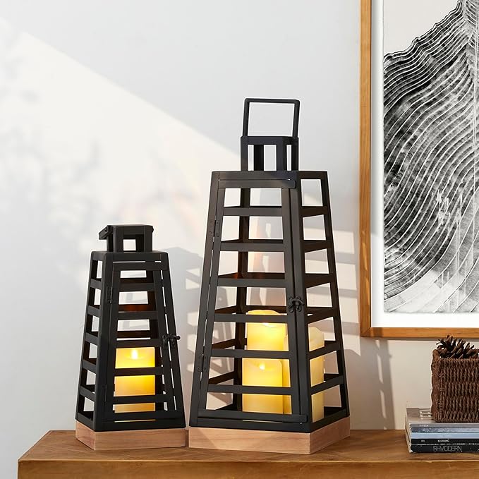 Glitzhome Set of 2 Modern Trapezoid Metal/Wood Decorative Lanterns,Large Candle Lanterns for Living Room,Home,Indoor, Outdoor,Table,Fireplace Mantle Decor -Black(No Glass)-Ruum Studio Home