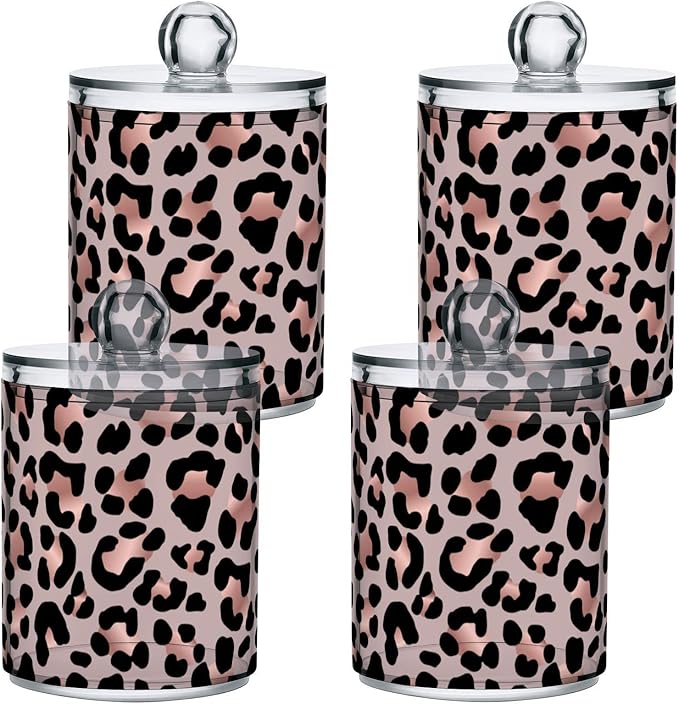 2 Pack Qtip Holder Dispenser Rose Gold Black Leopard Bathroom Storage Canister Lid Acrylic Plastic Apothecary Jar Set Vanity Makeup Organizer for Cotton Swab/Ball/Round Pads, Floss-Ruum Studio Home