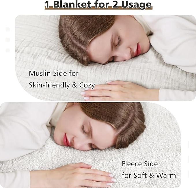 EMME White Throw Blanket Muslin and Fleece Blanket for Women Reversible - 50"*60" Soft & Cozy Warm Lightweight Small Blankets for Couch Bed Picnic Travel Bed-Ruum Studio Home