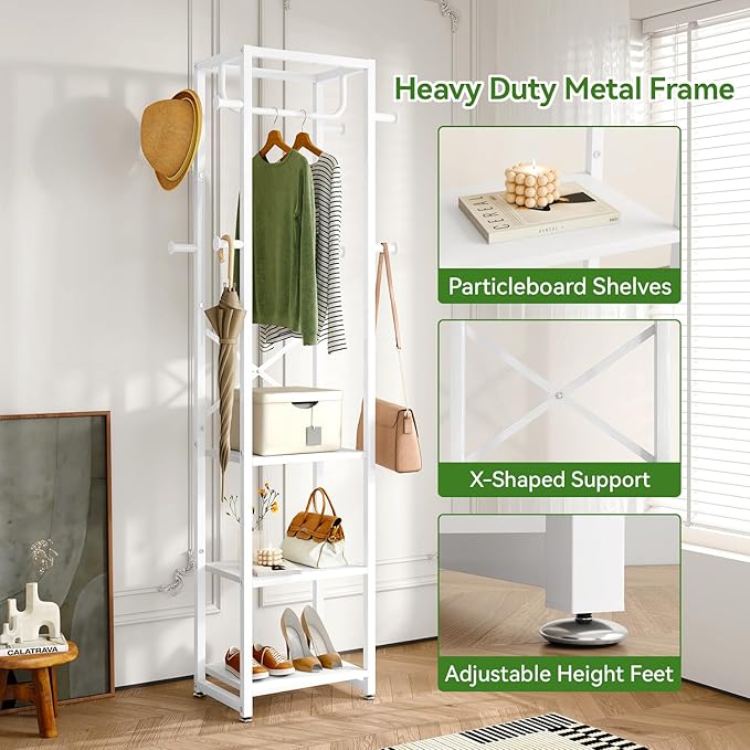 IBUYKE Coat Rack with Shelves, Freestanding Hall Tree with 3 Shelves and 8 Hooks, Industrial Clothes Stand for Entryway, Hallway, Bedroom, White UTMJ088W-Ruum Studio Home
