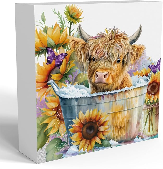 Highland Cow Funny Bathroom Decor, Highland Cow Gifts, Highland Cow Decor,Highland Cow Nursery Decor,Wooden Box Decor Sign for Home Farmhouse Office Living Room Table Shelf Tiered Desk-Ruum Studio Home