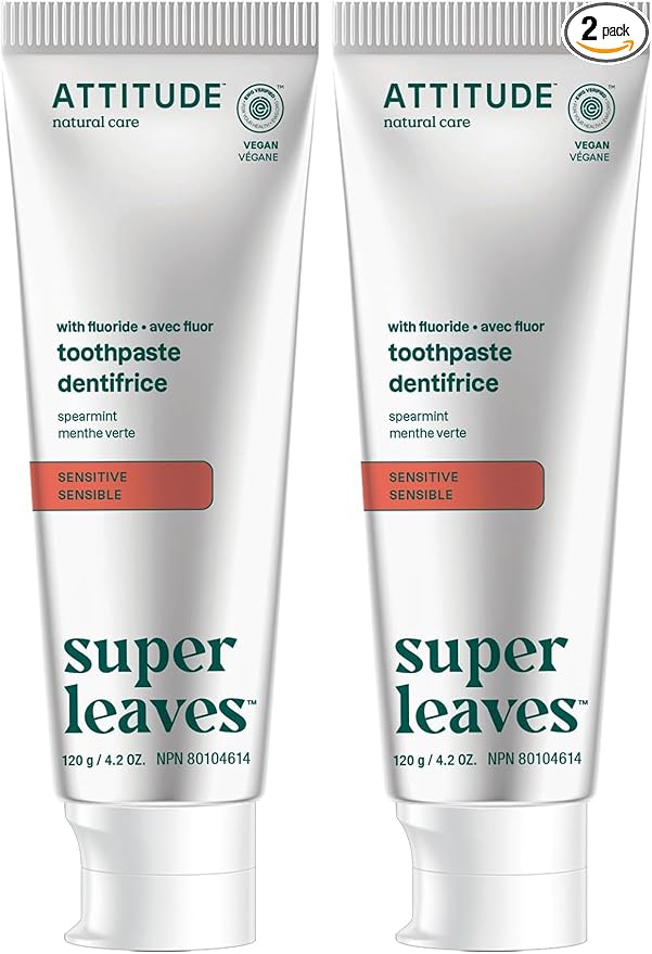 ATTITUDE Toothpaste with Fluoride, Prevents Tooth Decay and Cavities, Vegan, Cruelty-Free and Sugar-Free, Sensitive, Spearmint, 4.2 Oz (Pack of 2)-Ruum Studio Home