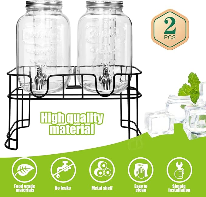 1 Gallon Glass Drink Dispensers For Parties 2PACK.Beverage Dispenser,Glass Drink Dispenser With Stand And Stainless Steel Spigot 100% Leakproof.Lemonade Dispenser With Ice Cylinder.Laundry Detergent-Ruum Studio Home