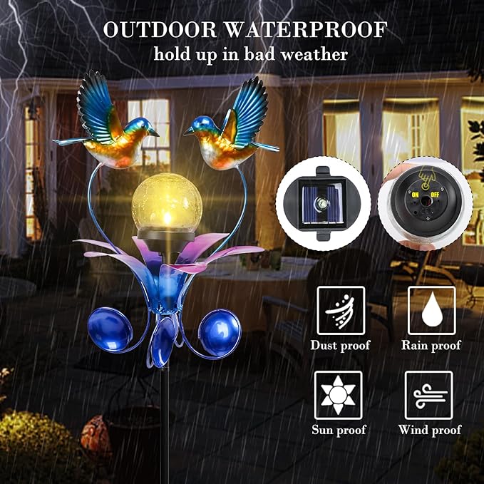 VCUTEKA Solar Lights Outdoor Metal Garden Stake Waterproof Crackle Glass Globe Garden Decor Blue Jay Bird for Pathway, Lawn, Patio, Yard-Ruum Studio Home