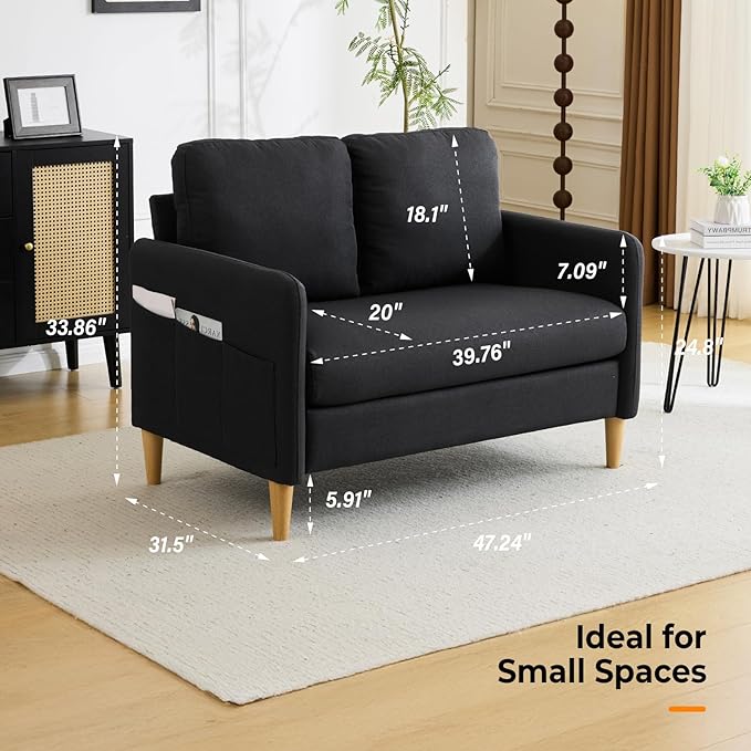 VINGLI 47" Small Couch, Linen Loveseat Sofa Black Mini Couch Mid Century Modern Decor Love Seat for Small Spaces Living Room, Bedroom, Play Room-Ruum Studio Home