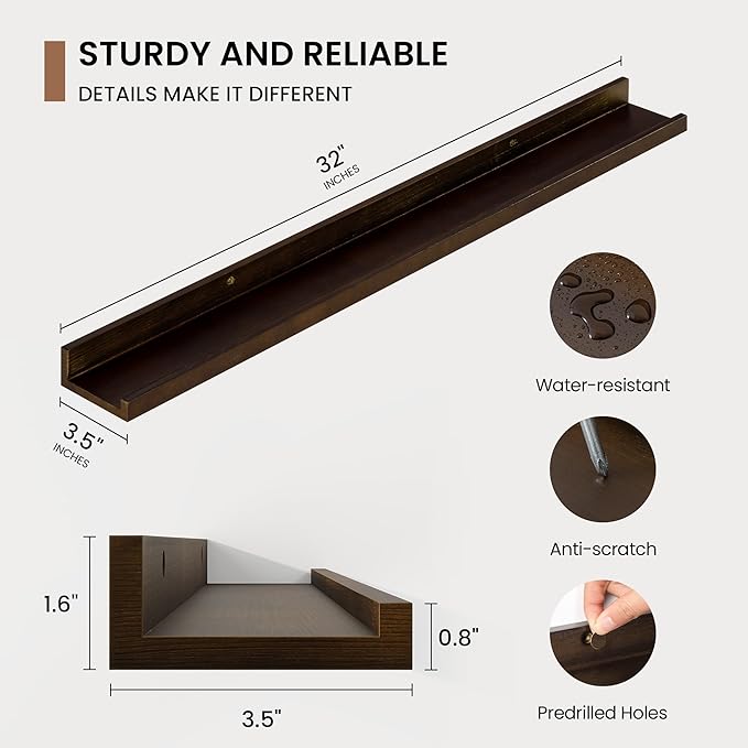 Picture Ledge Shelf, Solid Pine Wood Floating Shelves Set of 2, 32 Inches Nursery Book Shelves for Toys Storage, Kids Bookshelf Wall Mounted for Living Room Bedroom Decor Books Photo Frames, Walnut-Ruum Studio Home