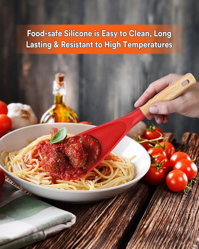 Cooking Spoon for Nonstick Cookwares, Great for Cooking and Serving Sturdy BPA-Free Matte Silicone, Wood Handle Spoon for Mixing, Scoop, and Scrape (2 Pack of Red, 11.4 inch)-Ruum Studio Home