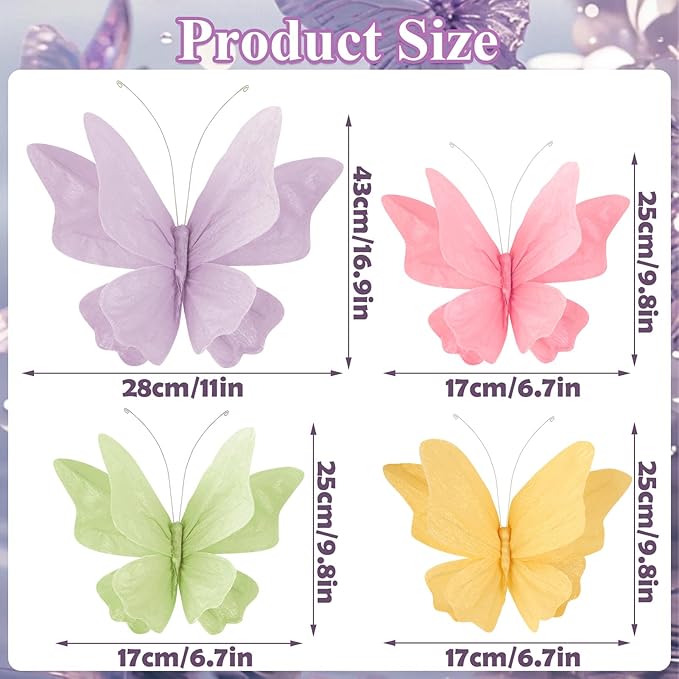 SUNBEAUTY Butterfly Party Decorations, 3D Paper Butterfly Decoration, Hanging Paper Butterfly for Baby Shower Decorations Girls, Women, Paper Flowers for Wall Decoration, Set of 4-Ruum Studio Home