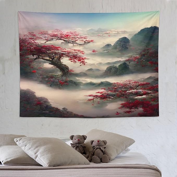 Japanese Tapestry, Red Plum Cherry Blossom Mountain, Nature Landscape, Bedroom & Living Room Decor, 80"x60"-Ruum Studio Home