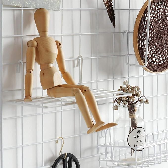 FRIADE Wall Grid Panel Hanging Basket with Hooks,Bookshelf,Display Shelf,Wall Organizer and Storage Shelf for Home Supplies,1 Set of 3 (White)-Ruum Studio Home