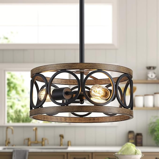 XINGQI Black Ceiling Light Adjustable Height Chandelier Modern Farmhouse Pendant Lighting Fixture Wood Grain Metal 13" Rustic Round Lights for Dining Room Kitchen Bedroom Entryway-Ruum Studio Home