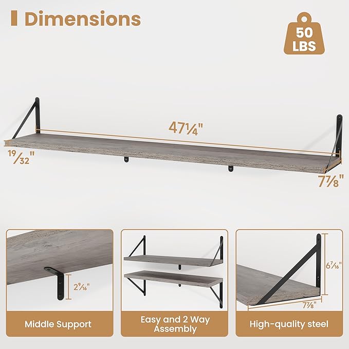 Heimlove 48 Inch Large Floating Bookshelves Set of 3,Wall Mounted Bookshelves,Heavy Duty Bracket Shelves for Living Room,Bedroom,Kitchen,Laundry Room Storage & Decor,Rustic Silver Grey-Ruum Studio Home