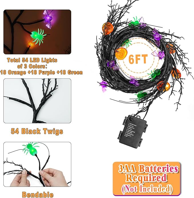 [8 Modes & Timer] 6 Ft Halloween Willow Vine Twig Decor Garland with Bats Pumpkins Spiders Lights, 54 LED Battery Operated Halloween Lights for Indoor Home Mantle Fireplace Decor-Ruum Studio Home