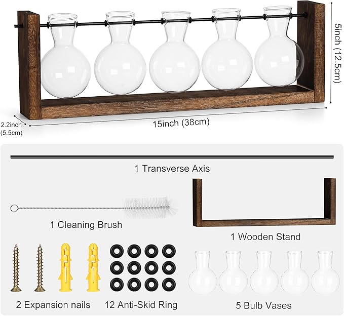 YIBOT Plants Propagation Stations,Plant Terrarium with Wooden Stand,Wall Hanging Glass Planter Plant Propagation Vase for Indoor Office Home Garden Decor Plant Lover Gifts for Women-5 Bulbs-Ruum Studio Home