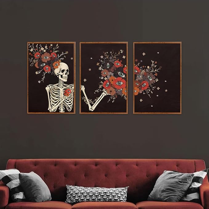 KAIRNE Gothic Skull Wall Art,Halloween Skeleton Canvas Set of 3(16”x24”),Scary Skull Painting,Horror Floral Botanical Prints,Romantic Spooky Halloween Wall Art for Living Room Bedroom Goth Party Decor-Ruum Studio Home