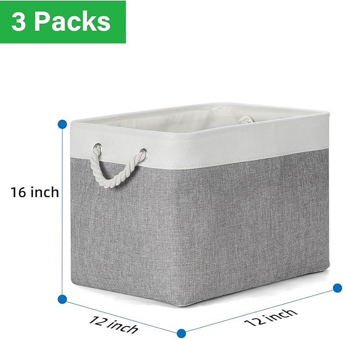 Bidtakay Large Storage Baskets for Organizing 3-Pack Fabric Closet Organizers Storage Bins with Handles 16x11.8x11.8 In Collapsible Baskets for Shelves Cloth Home Organization L-White&Grey-Ruum Studio Home