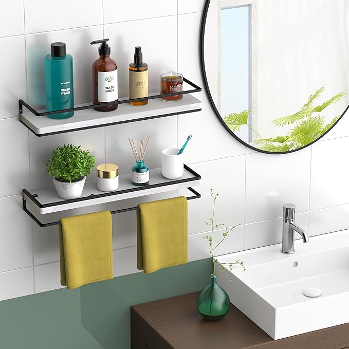 Meangood Floating Shelves Wall Mounted Set of 2, Rustic Wood Wall Storage Shelves for Bedroom,Living Room,Bathroom, Kitchen (White)-Ruum Studio Home