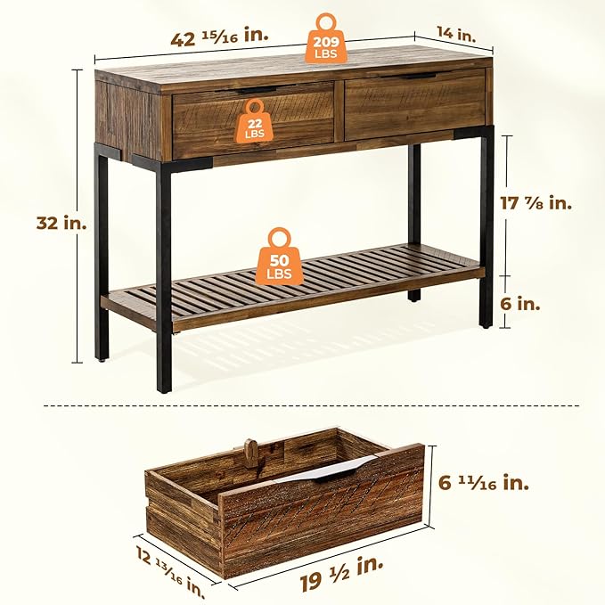 Bme Millie Farmhouse Solid Wood Console Table with 2 Drawers & Storage Shelves, 43" Boho Sofa Table for Entryway, Hallway, Living Room, Rustic Chestnut-Ruum Studio Home