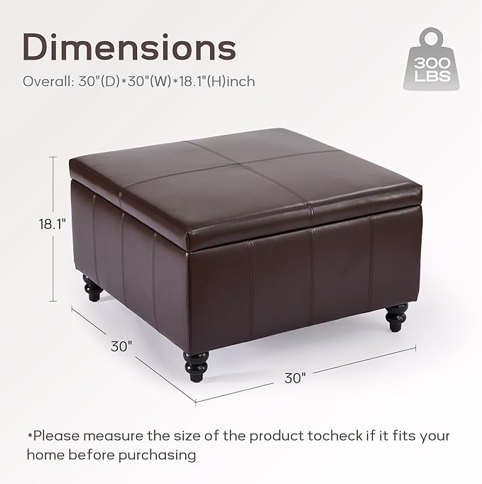 HUIMO Square Leather Storage Ottoman,Ottoman Coffee Table with Storage for Living Room (Brown)-Ruum Studio Home