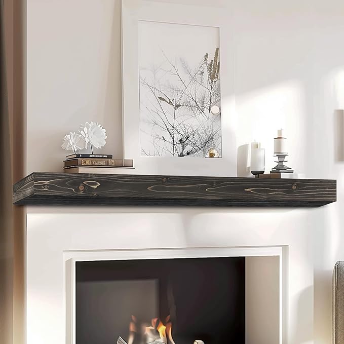 60x8x3 Fireplace Mantel - Handcrafted Hollow Rustic Solid Wood Wall Mounted Floating Shelf with Invisible Heavy Duty Wood Bracket (Weathered Black)-Ruum Studio Home