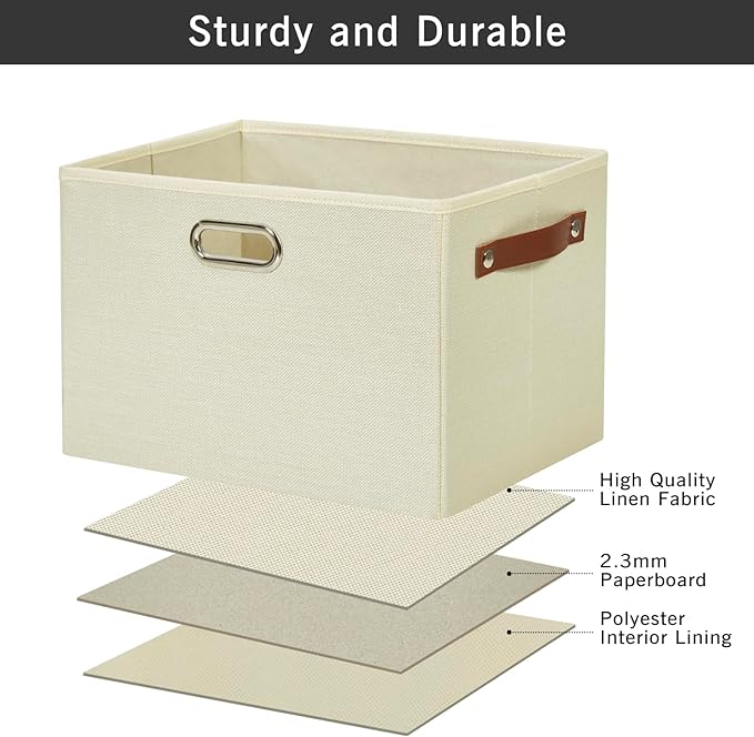 Large 3-Pack Foldable Fabric Storage Bins with Durable PU & Metal Handles , Collapsible Storage Baskets for Shelves, Home Storage, Closet Organizers, Living Room(14.9"x9.8"x9.8", Beige)-Ruum Studio Home