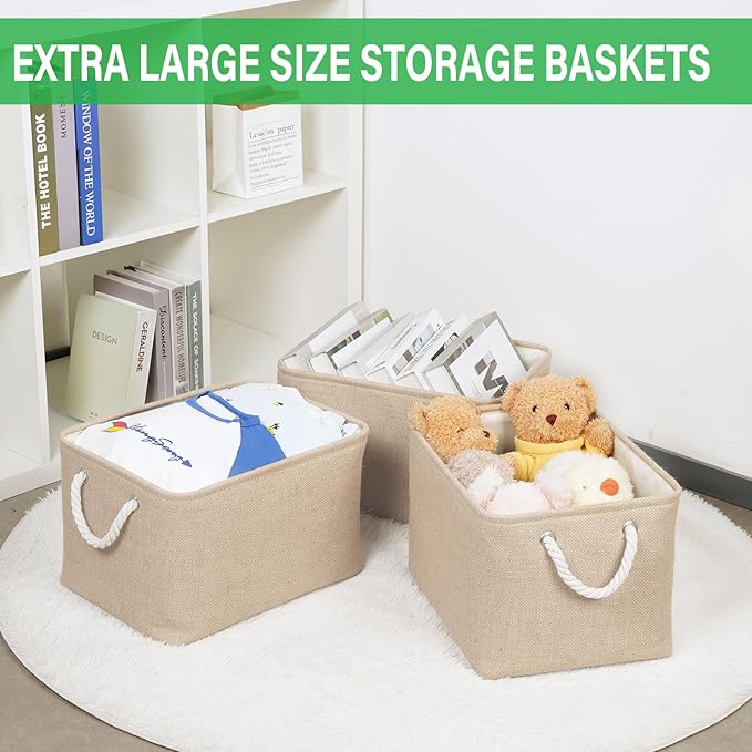 Bidtakay Large Storage Baskets for Shelves 3 Pack Fabric Storage Bins for Organizing Linen Collapsible Organizer for Closet-Flaxen-Ruum Studio Home