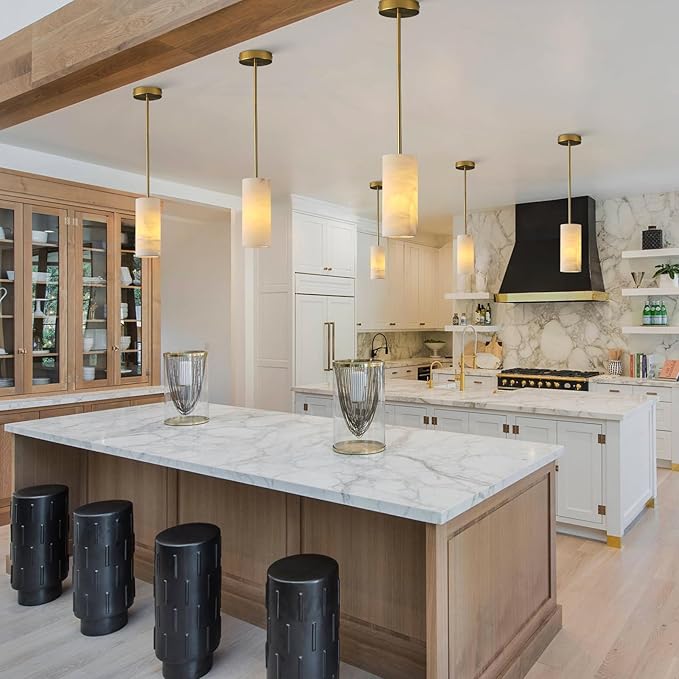 Alabaster Pendant Light Kitchen Island, H-9.5in Brass Pendant Light Fixtures with Natural Marble Shade, Adjustable Ceiling Pendant for Dining Room, Living Room, Bedroom & Bathroom-Ruum Studio Home