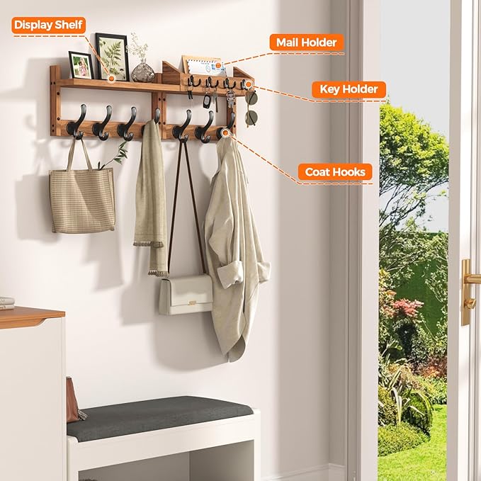 29" Coat Rack Wall Mount with Shelf, 4 in 1 Wall Mounted Coat and Key Hanger with 11 Hooks, Entryway Key Holder with Mail Holder for Living Room, Bedroom-Ruum Studio Home