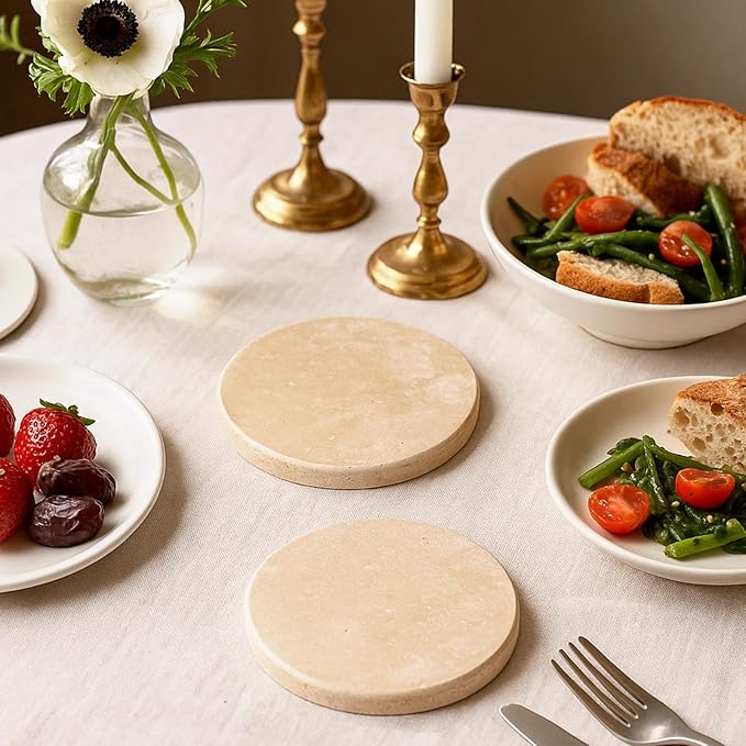 Beige Natural Travertine Marble Coasters Set of 4, Round 4 Inch Diameter Drink Marble Coasters for Housewarming Gifts, Anniversaries, Office Decorations Protect Tables from Stains & Scratches-Ruum Studio Home