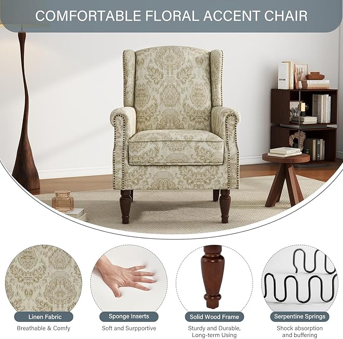 UIXE High Back Floral Accent Chair, Upholstered Armchair in Fabric for Living Room, Retro Wingback Arm Chair Comfy Single Sofa Bedroom Reading Seat with Solid Wood Legs, White-Ruum Studio Home
