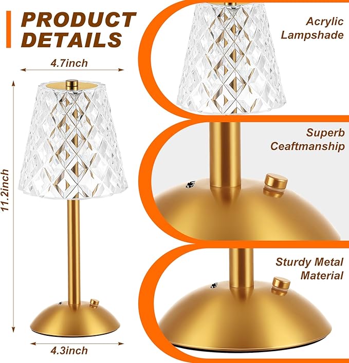 Liliful 2 Pcs LED Portable Cordless Table Lamp Touch Battery Operated Rechargeable Desk Lamp 3 Color Dimmable for Bedroom Living Room Dining (Diamond Style,Gold)-Ruum Studio Home
