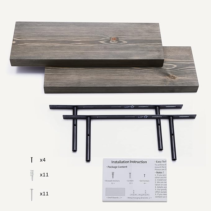 Fun Memories European Pine Floating Shelves for Wall, Mounted Shelf for Decor Storage Set of 2 - Natural Rustic Wooden Wall Shelf for Kitchen Bathroom Living Room Bedroom Farmhouse - Grey-Ruum Studio Home