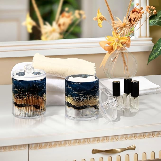 2 Pack Qtip Holder Dispenser Navy Blue Marble Bathroom Storage Canister Lid Acrylic Plastic Apothecary Jar Set Vanity Makeup Organizer for Cotton Swabs/Pads/Floss-Ruum Studio Home