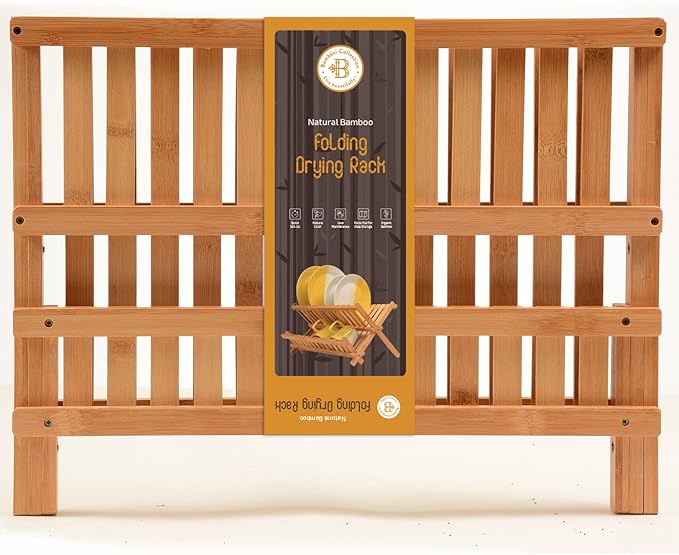 BAMBUSI Dish Drying Rack - Collapsible 2-Tier Bamboo Dish Rack for Kitchen Counter, Wooden Dish Drainer with Foldable Space-Saving Design - Drying Rack for Dishes, Plates, and Cups - Housewarming Gift-Ruum Studio Home