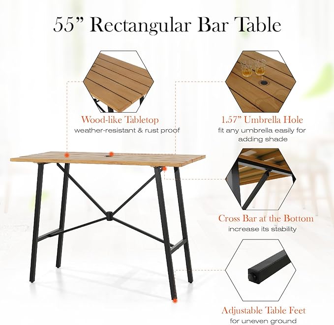 Sophia & William Outdoor Bar Set, Patio Bar Table and Chairs Set, Bar Height Patio Set - 4 x Swivel Bar Chairs(Brown), 1 x Rectangular Bar Table(Wood-Like)-Ruum Studio Home